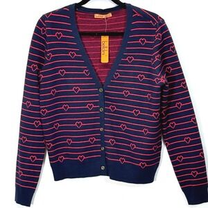 Bellini NEW Womens Navy Infrared Hearts Striped Button Cardigan Sweater Size L